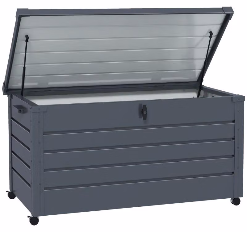 Contenitore Moonbite, dimensioni 120 x 62 x 66 cm, volume di 311 litri, realizzato in acciaio zincato per uso esterno, dotato di 4 ruote con freno, coperchio con serratura e finitura grigio scuro