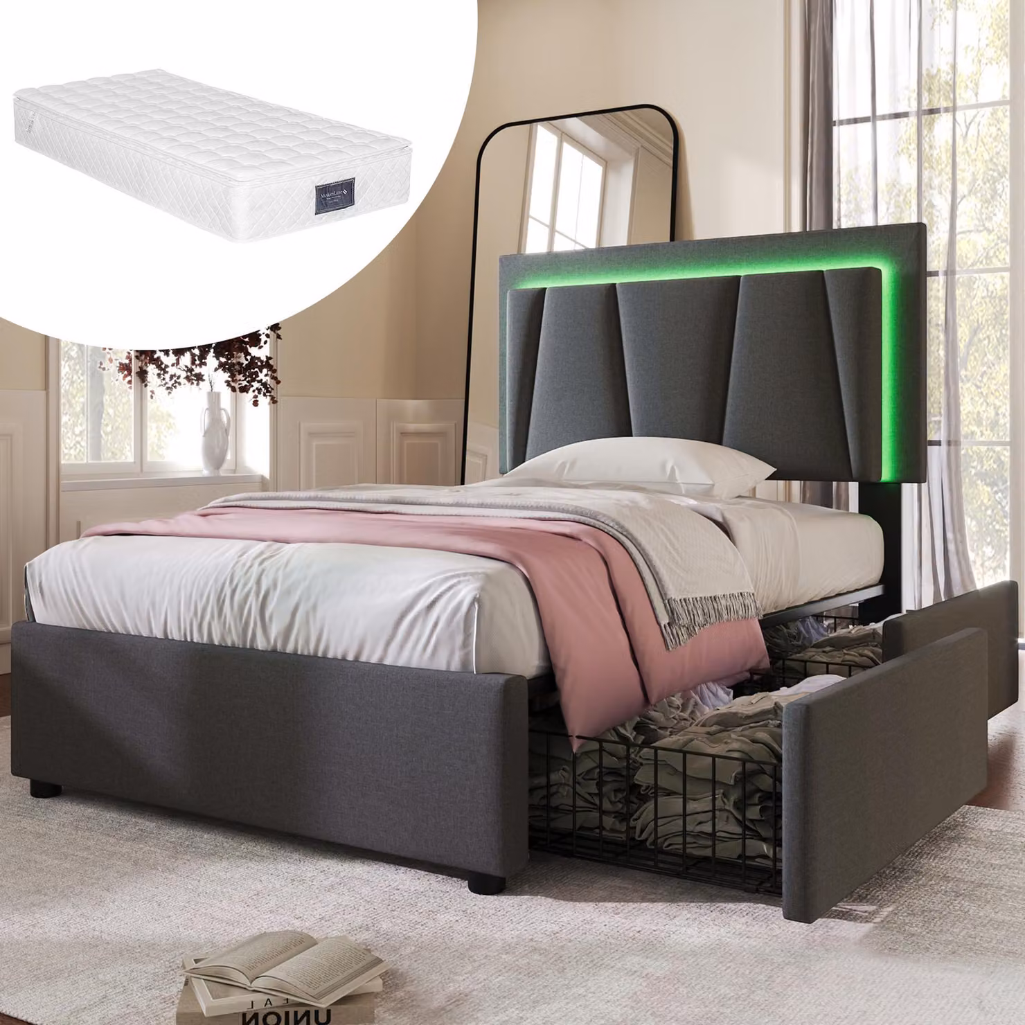 MODFU Letto imbottito Functional 90 x 200 cm con illuminazione a LED e testiera regolabile in altezza, Letto singolo con contenitore e 2 cassetti, Tessuto di lino Grigio (con materasso)