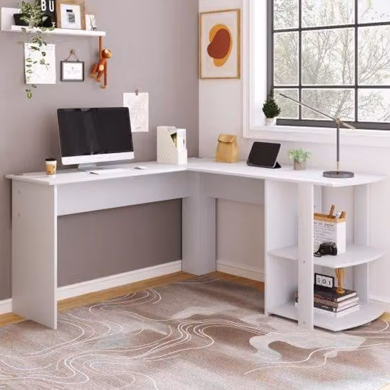 Scrivania per computer a L, 140 cm, a due posti, H 75/L 140/P 140 cm, bianca