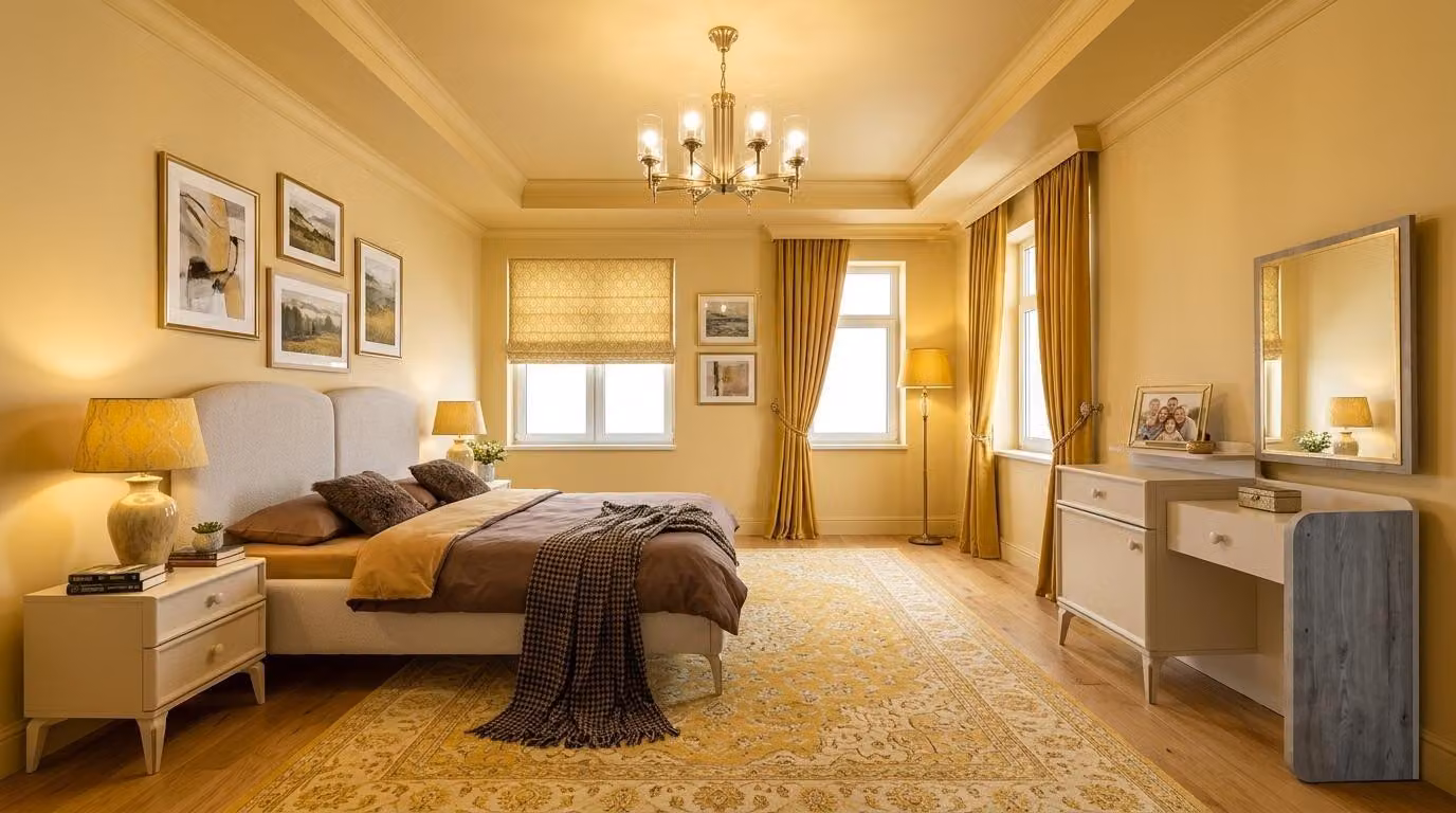 Set per camera da letto: letto, testiera, comodino. Design moderno, colore beige, confortevole ed elegante