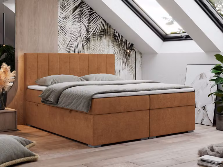 Letto boxspring 180x200, letto 180x200 con materasso e topper, letto boxspring con cassetti, letto matrimoniale - LOPE - 180x200 - Arancione - Struttura - H3