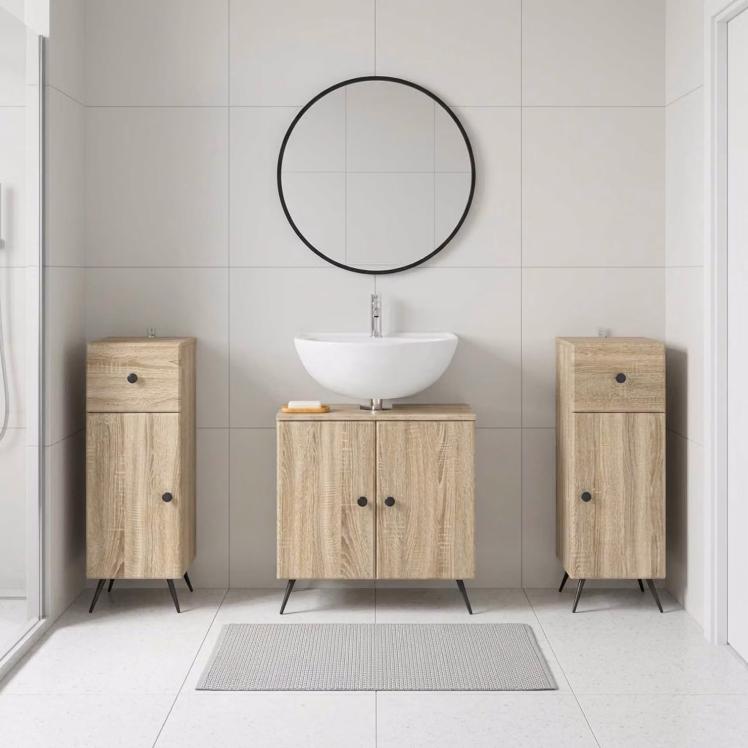 Set di armadietti da bagno 3 pezzi vidaXL BREDA Rovere Sonoma marrone con mobile lavabo e pensili