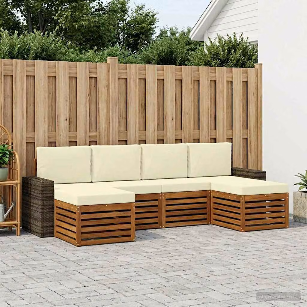 Set di divani da esterno vidaXL a forma di L composto da 6 pezzi in legno di acacia con cuscini beige e bianco
