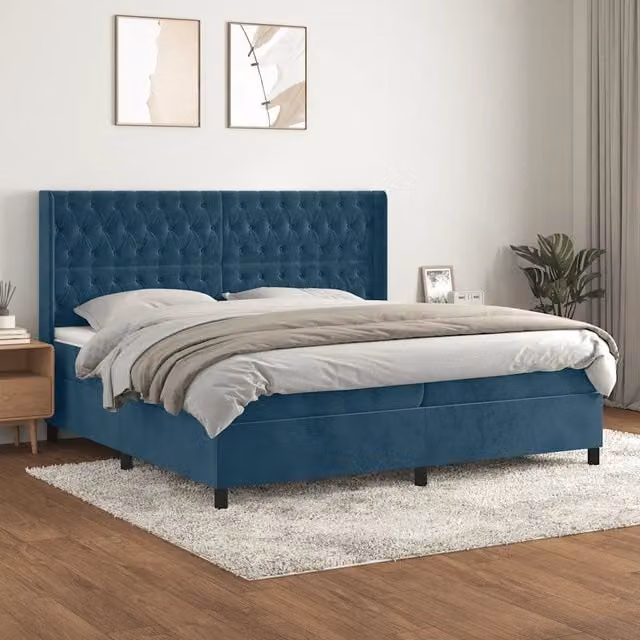 Letto matrimoniale con giroletto a molle e materasso ibrido vidaXL in velluto blu e bianco L/P/H: 200 x 200 x 128 cm