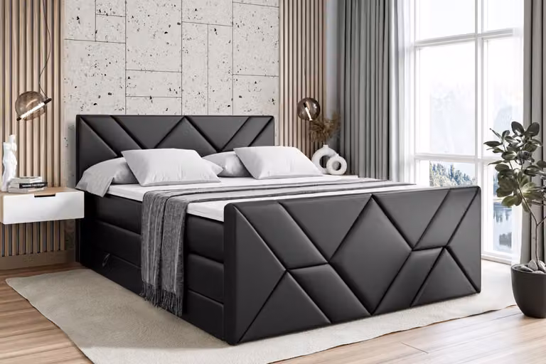 Letto boxspring ALTDECOR con pediera, 2 materassi e topper - 120x200 cm - BARWA-Z KING - Pelle finta nera - Letto imbottito con materassi H3 e H4, contenitore e rete a doghe, letto con spazio contenitivo