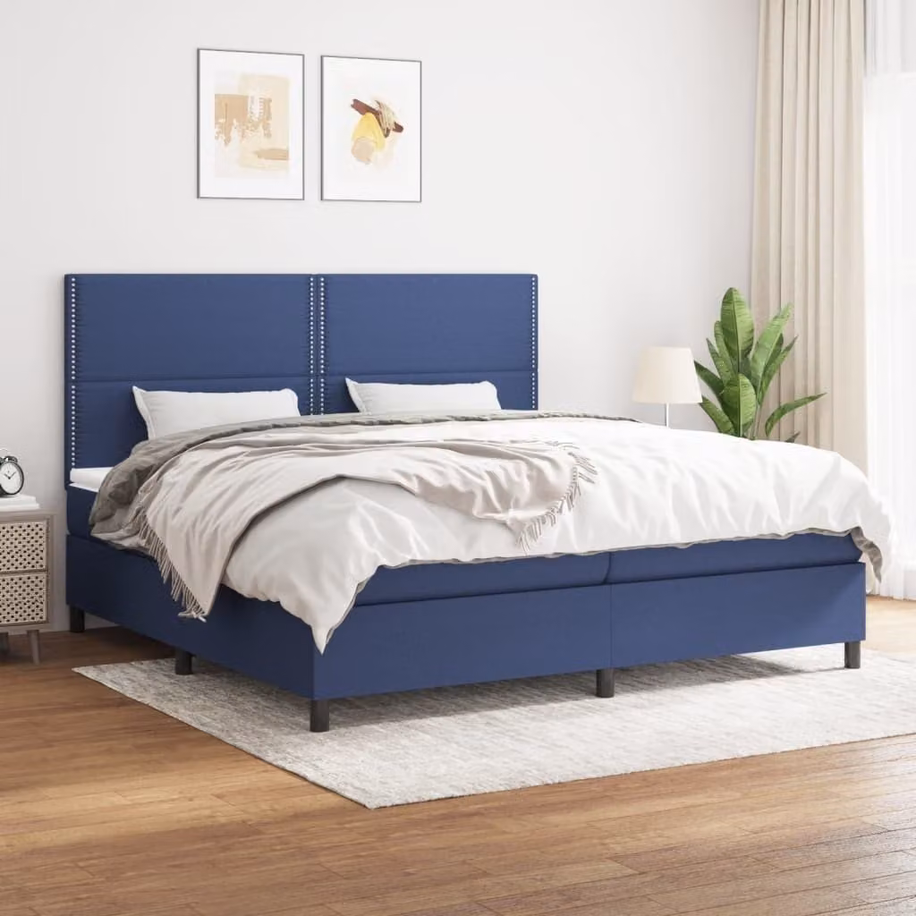 The Living Store Letto a molle con materasso blu 200x200 cm in tessuto