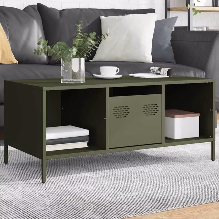 Tavolino vidaXL in stile industriale verde oliva con struttura in metallo e MDF, L: 101,5 cm, P: 50 cm, H: 43,5 cm