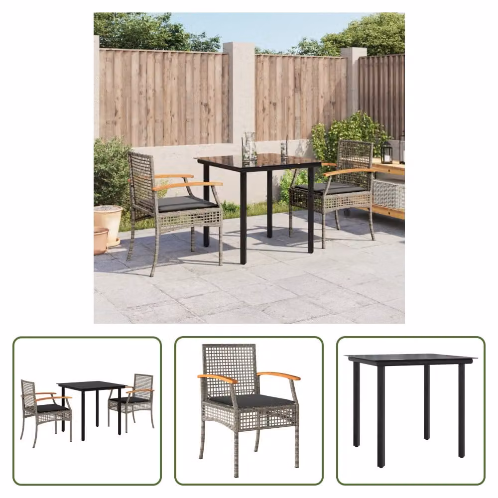 The Living Store Set da pranzo da giardino in 3 pezzi con cuscini in poly rattan grigio