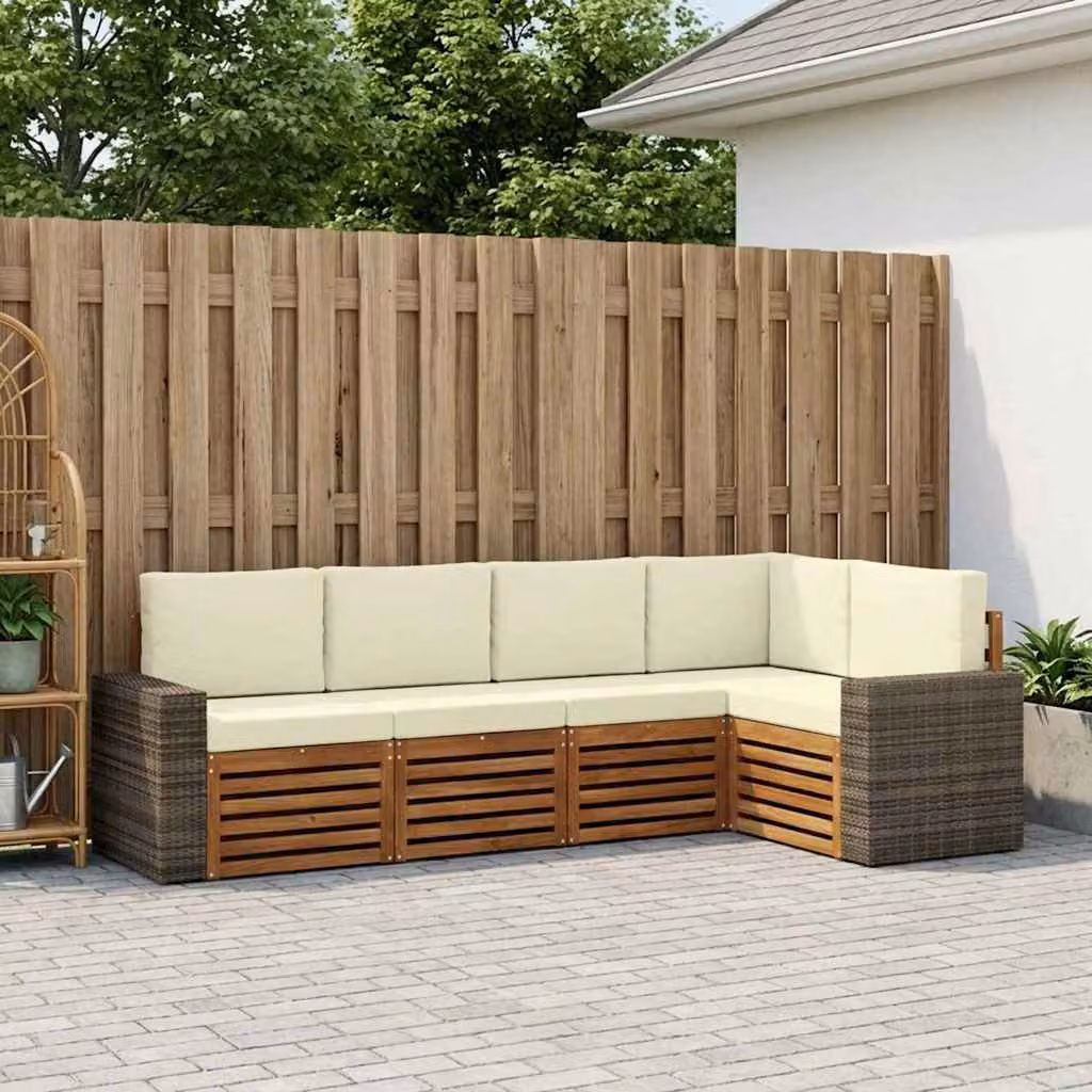 Set di divani da esterno vidaXL a forma di L composto da 5 pezzi in legno di acacia con cuscini beige e crema in poliestere resistente ai raggi UV