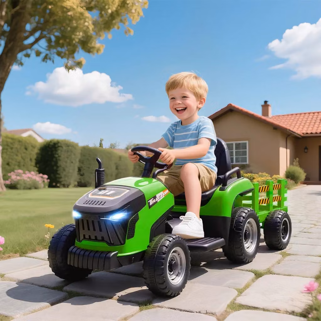 Trattore Elettrico per Bambini Giordanoshop 12V con Rimorchio Staccabile, Telecomando e Luci e Suoni, Verde, L: 139 cm, P: 58 cm, H: 55 cm – 2