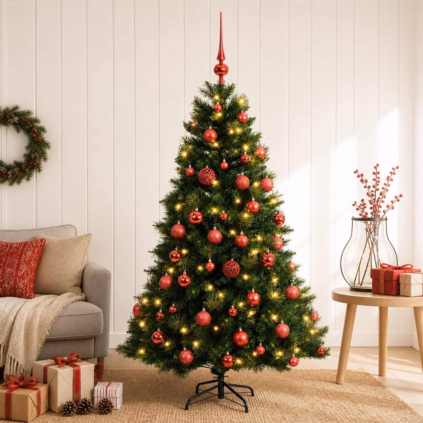 Albero di Natale artificiale con decorazioni natalizie, altezza 150 cm, 150 luci LED