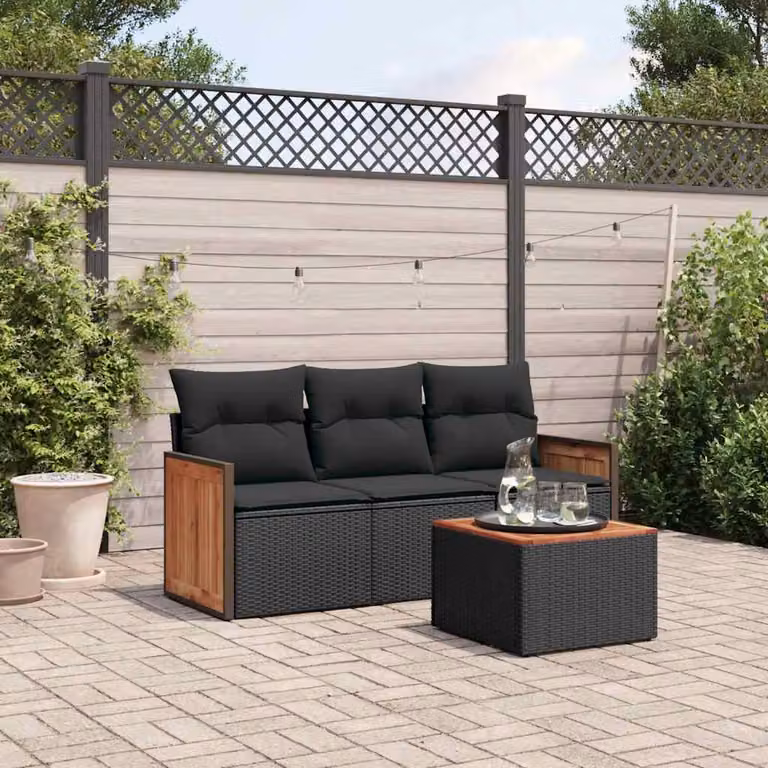 Set di divani da giardino vidaXL 4 pezzi in polyrattan nero con cuscini e tavolino da esterno