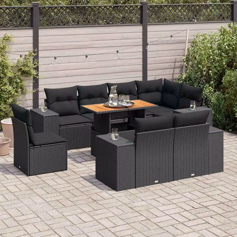 Set di divani da giardino vidaXL in polyrattan nero con cuscini e tavolino da esterno a forma di L
