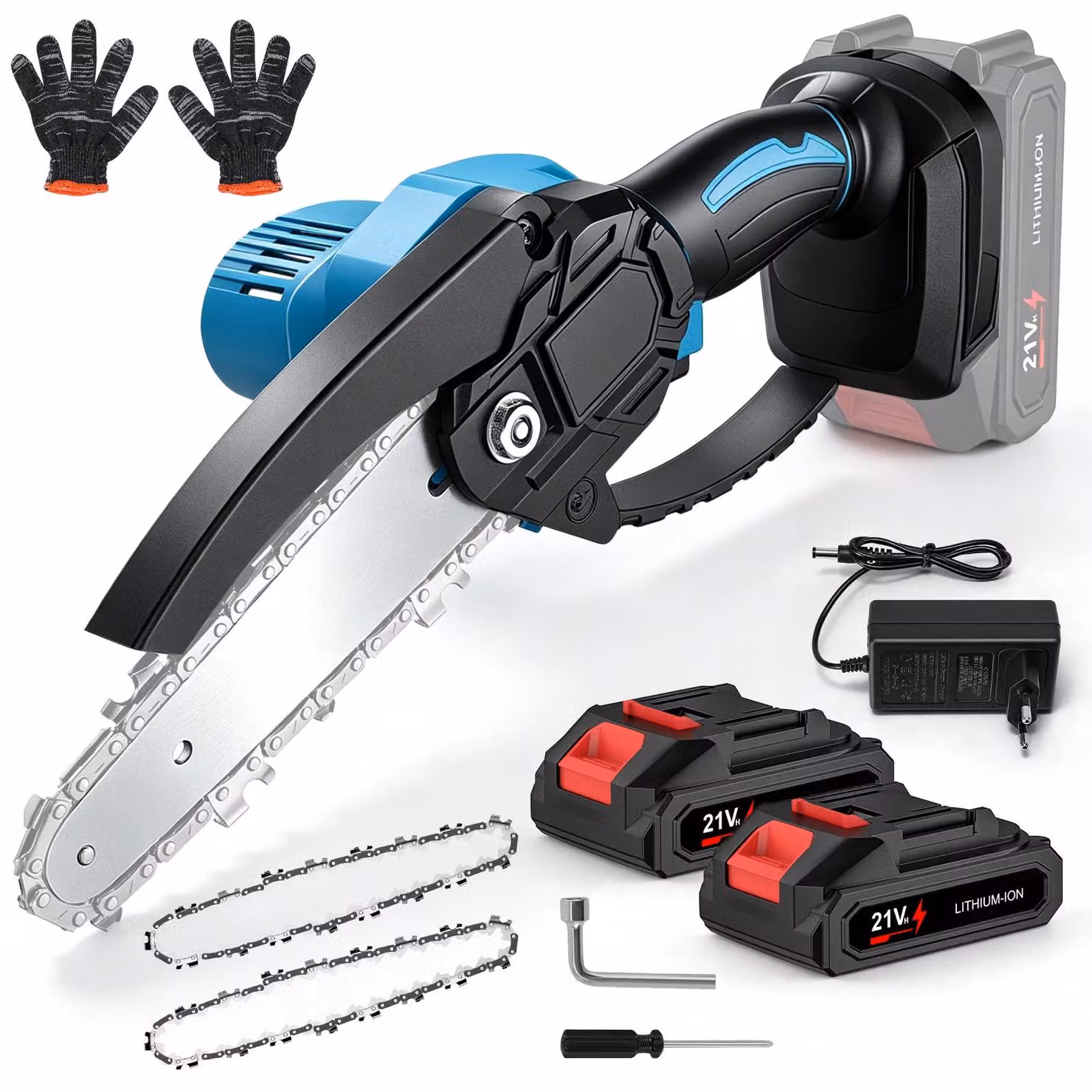Troncatrice a catena elettrica mini – Seghetto elettrico a batteria – Lame da 15 cm – 2 batterie – Dispositivo portatile – Ideale per giardinaggio e lavorazione del legno