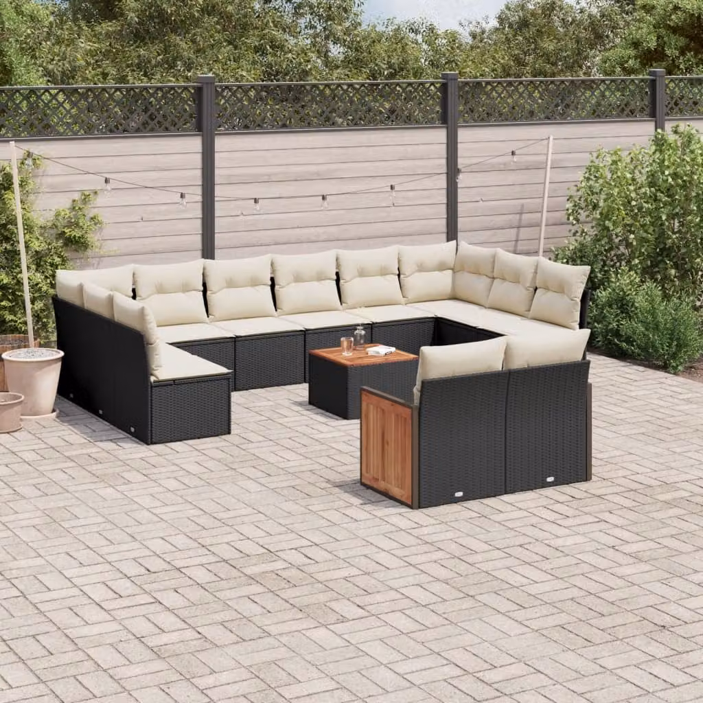 Set di Divani da Giardino vidaXL 13pz in Polyrattan Nero con Cuscini e Tavolino da Esterno – 1