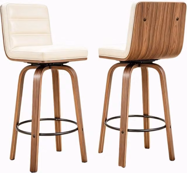 Sgabello da bar girevole con seduta in pelle PU e gambe in legno curvato per cucina, bar e bancone