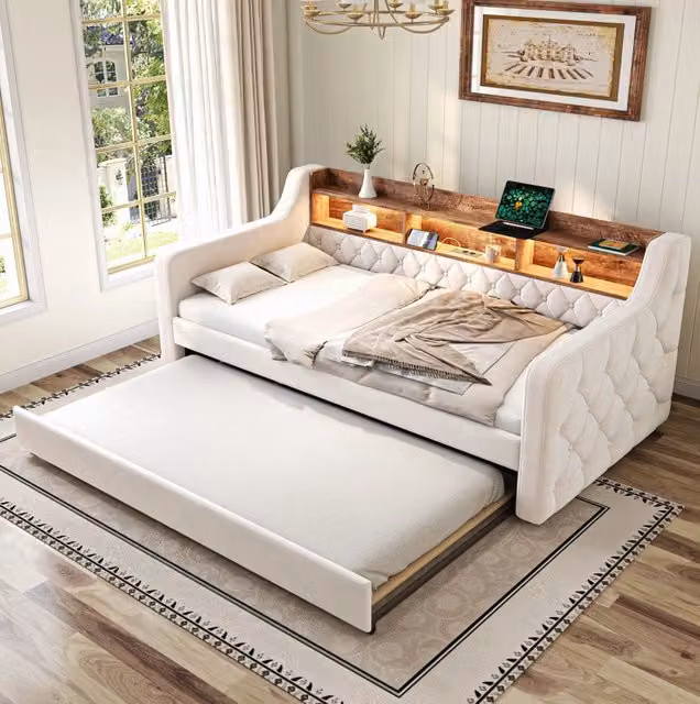 Letto 90x190 cm beige – divano letto con LED e USB-C, senza materasso