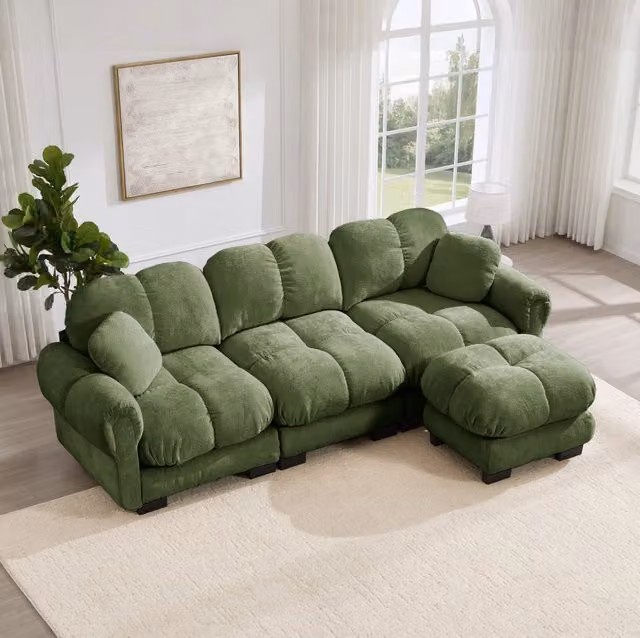 Divano angolare modulare a 3 posti in chenille verde; 260x149x90 cm; con pouf mobile