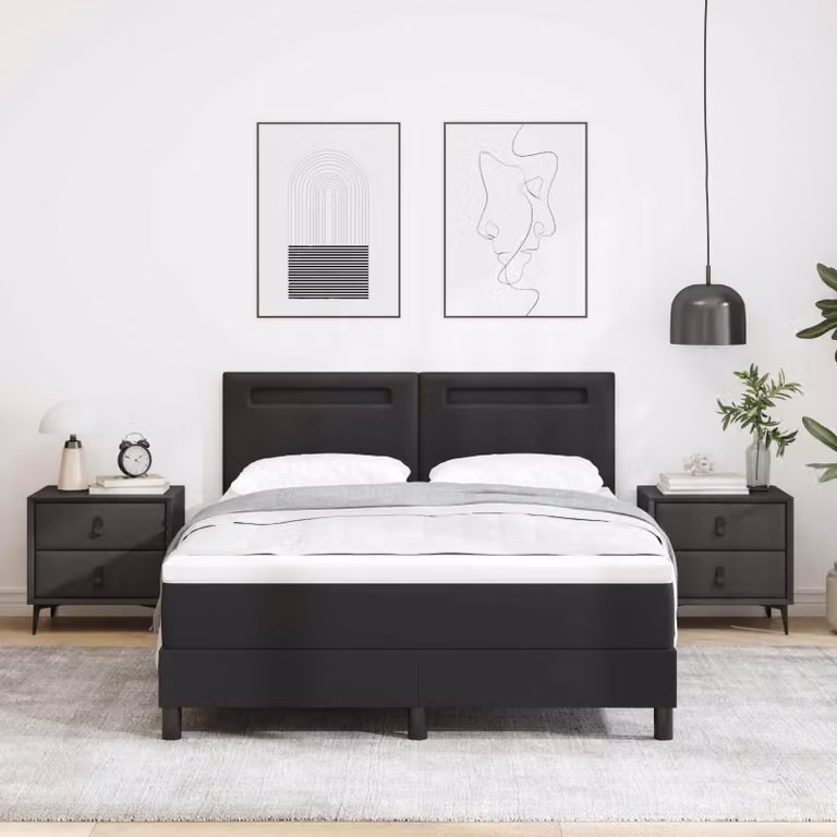 Letto matrimoniale con boxspring e testiera nera, dimensioni 140 x 200 cm, rivestito in ecopelle