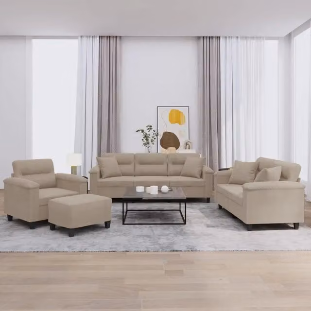 Set di divani 4 pezzi vidaXL beige in tessuto microfibra con cuscini e pouf per soggiorno moderno – 1