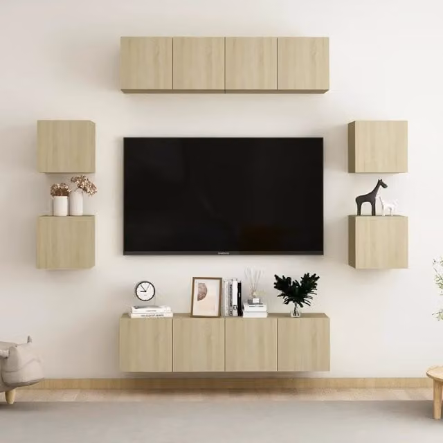 Set di mobili porta TV da soggiorno vidaXL in legno multistrato color rovere, 8 pezzi, stile moderno, marrone e beige – 1