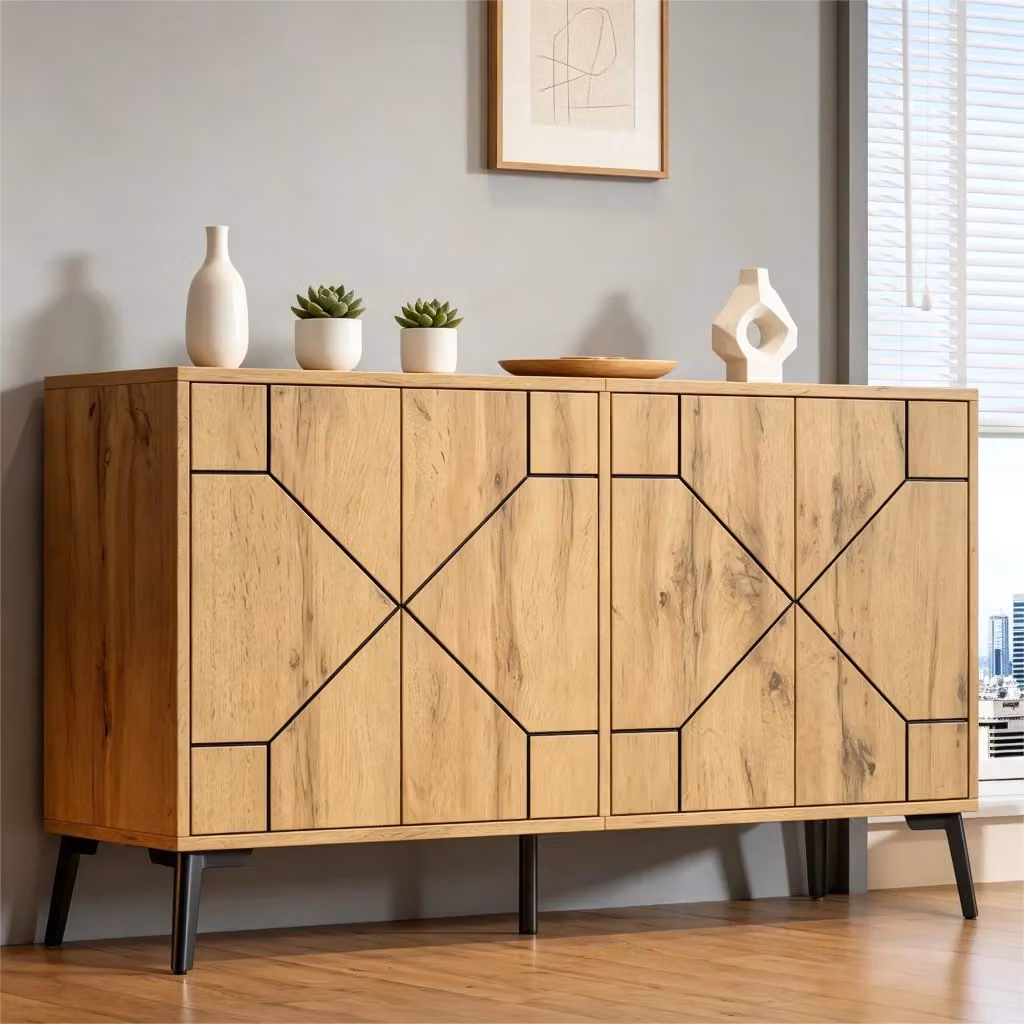 Madia Mivray moderna con 4 ante e 4 vani ad apertura a pressione, gambe in metallo, colore rovere naturale e finitura opaca, L 120 x P 35 x H 69 cm – 2
