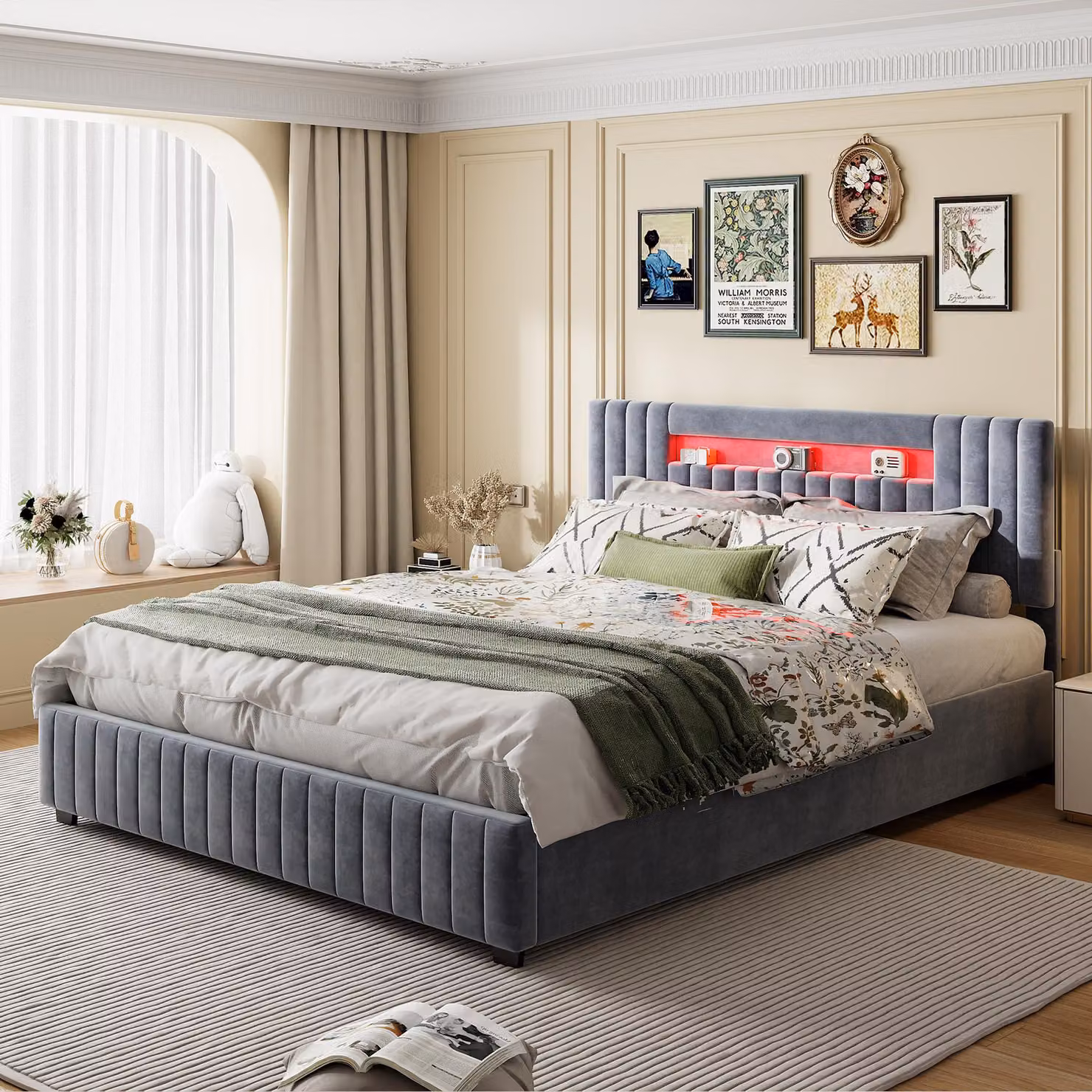 letto 160 x 200 cm con contenitore - letto matrimoniale con testata a LED e contenitore, rivestito in tessuto vellutato grigio