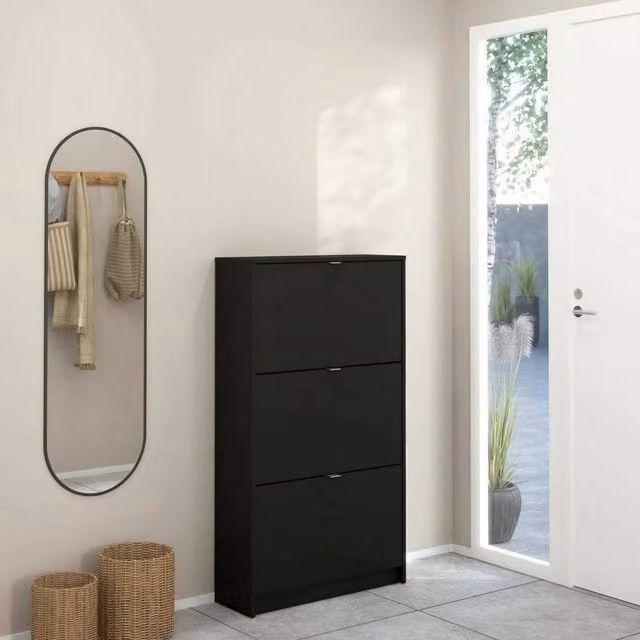 Scarpiera Irina DMORA, Mobile porta scarpe moderno per ingresso con ante a ribalta, Nero, L: 70 cm, P: 24 cm, H: 124 cm – 1