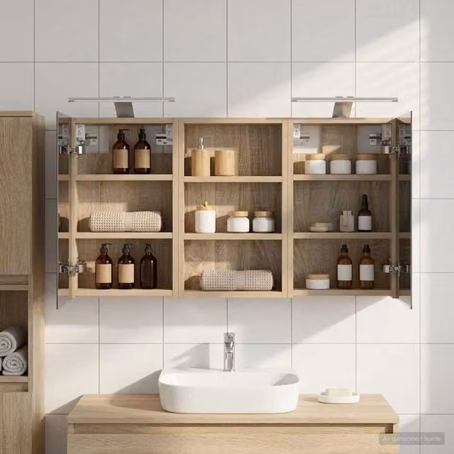 Set di 3 armadi da bagno moderni vidaXL con specchio e illuminazione LED, colore marrone opaco, L/P/H: 90 x 10,5 x 50 cm