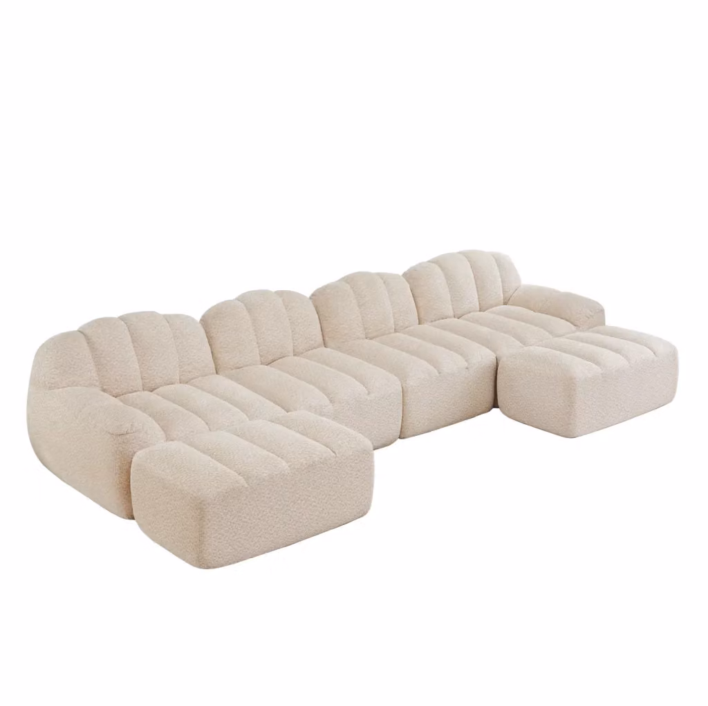 Divano modulare MODFU a forma di U con 2 ottomani coordinati in tessuto bouclé beige e bianco per il tuo soggiorno – 2