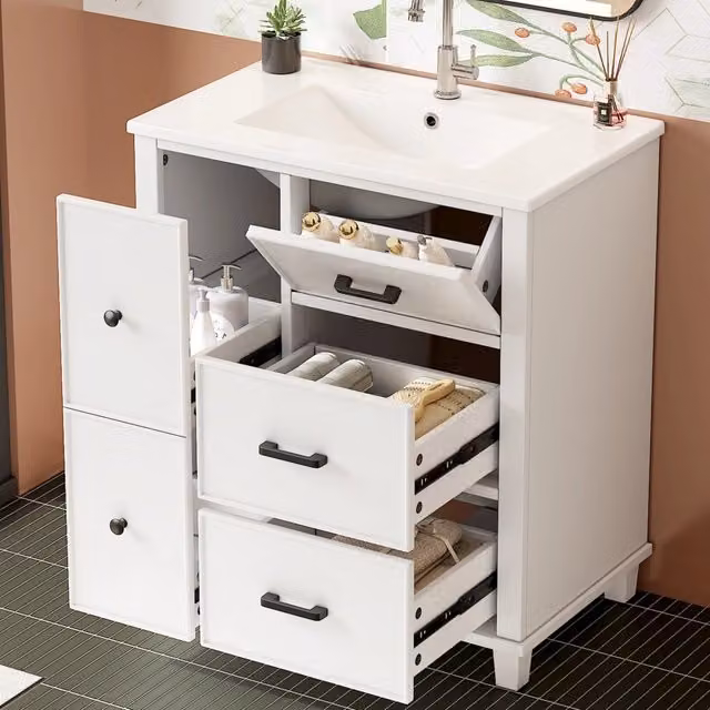 Mobile lavabo freestanding WISHDOR in MDF laccato bianco con cassetti e ante, L: 76,5 cm, P: 47 cm, H: 83,5 cm