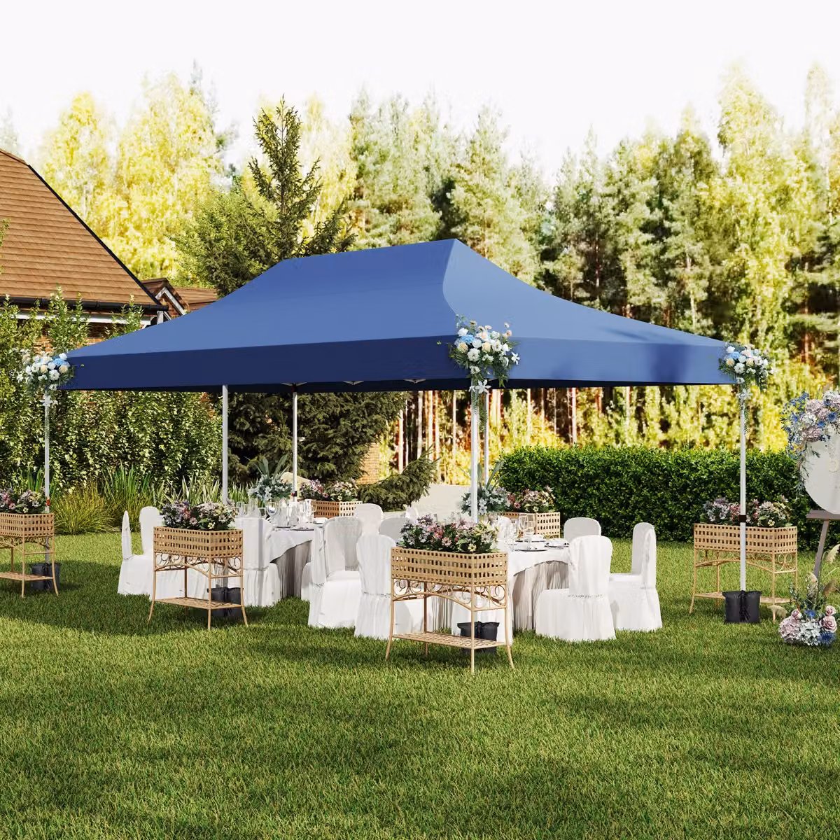 Gazebo pop-up Costway con 6 pareti laterali e ingressi con cerniera, struttura istantanea portatile per festa e picnic, Blu, L: 6 m, P: 3 m