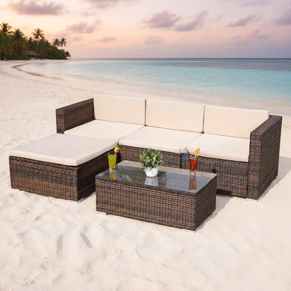 Mobili da giardino 5 pezzi divano lounge polyrattan set da pranzo cuscini di seduta marrone