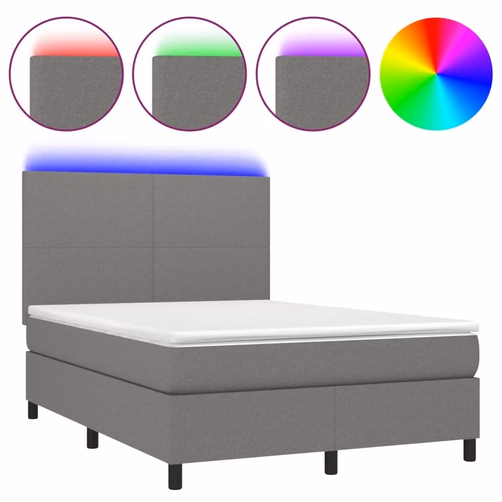 Letto a Molle Materasso e LED Grigio Scuro 140x200cm in Tessuto