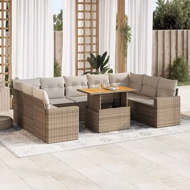Set Divano da Giardino L-Shape vidaXL in Polyrattan con Cuscini Beige e Tavolino da Esterno 10 Pezzi – 1