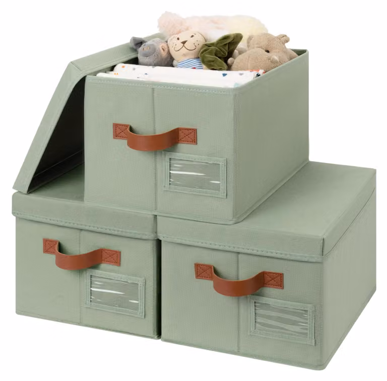 Scatole di stoccaggio con coperchio, set da 3, pieghevoli, in tessuto, verdi, per abbigliamento