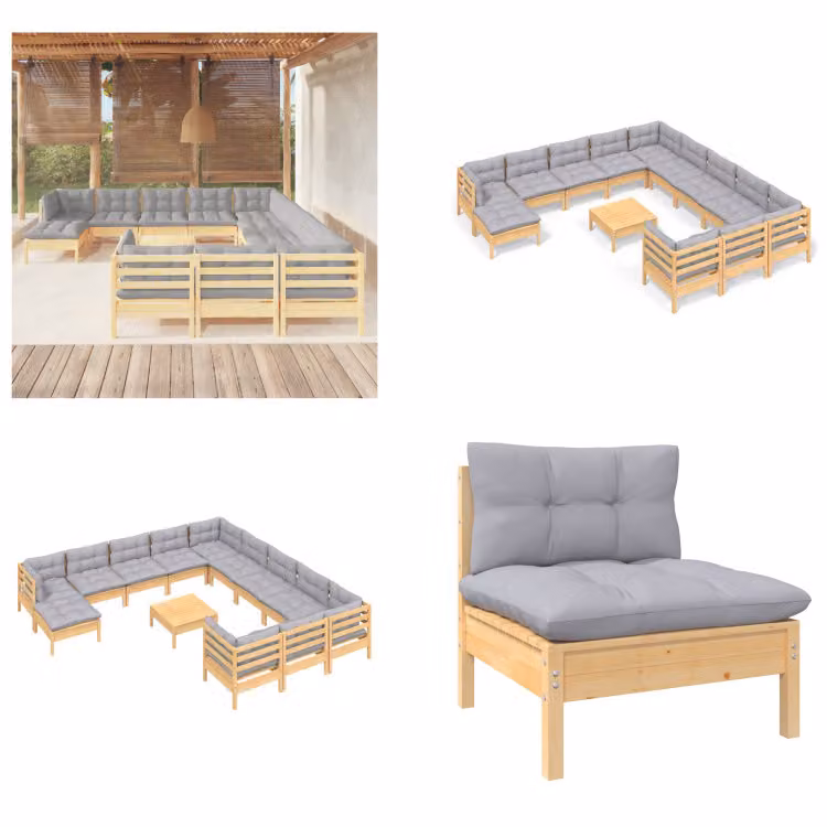 vidaXL 13 pezzi set salotto da giardino con cuscini grigi in legno di pino - Set salotto da giardino - Set salotto da giardino - Set mobili da giardino - Set mobili da giardino
