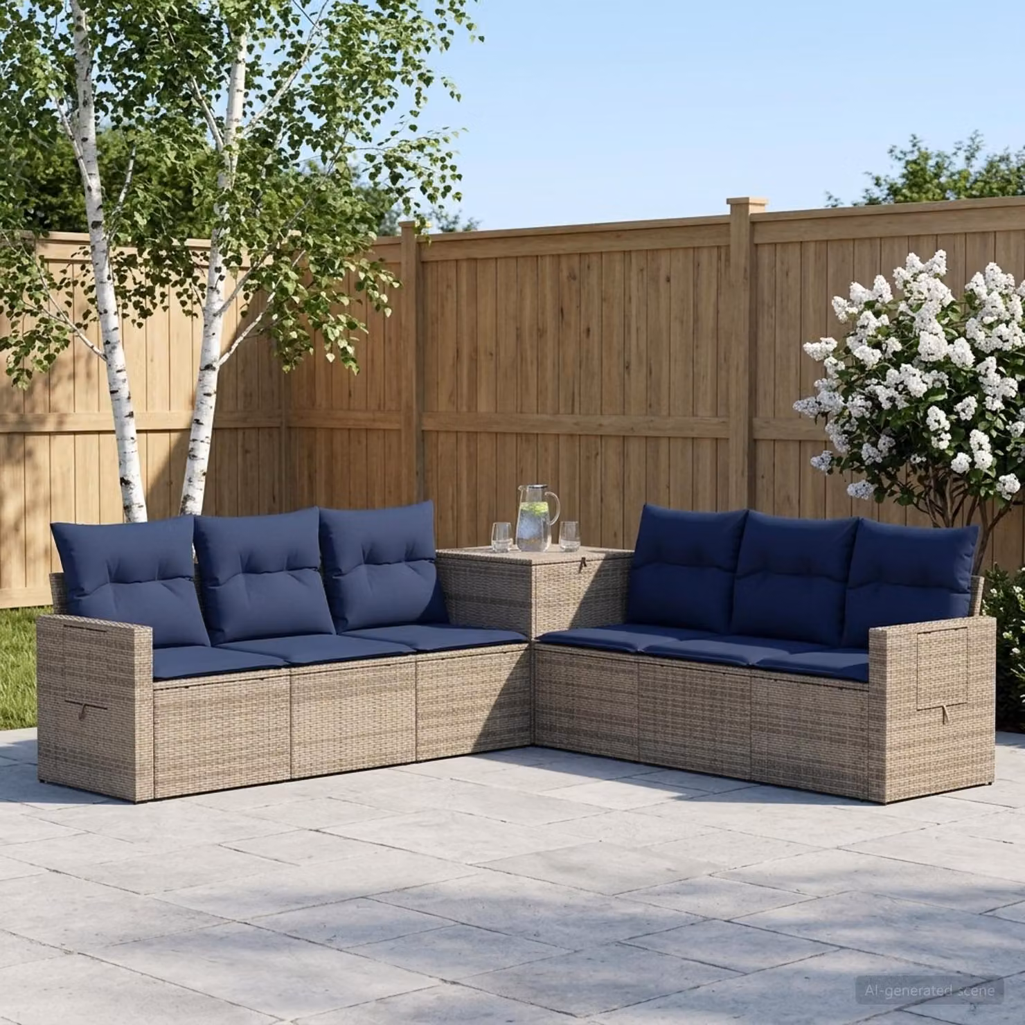 Set di divani da giardino vidaXL a forma di L composto da 7 pezzi in rattan e acciaio, colori grigio e blu navy