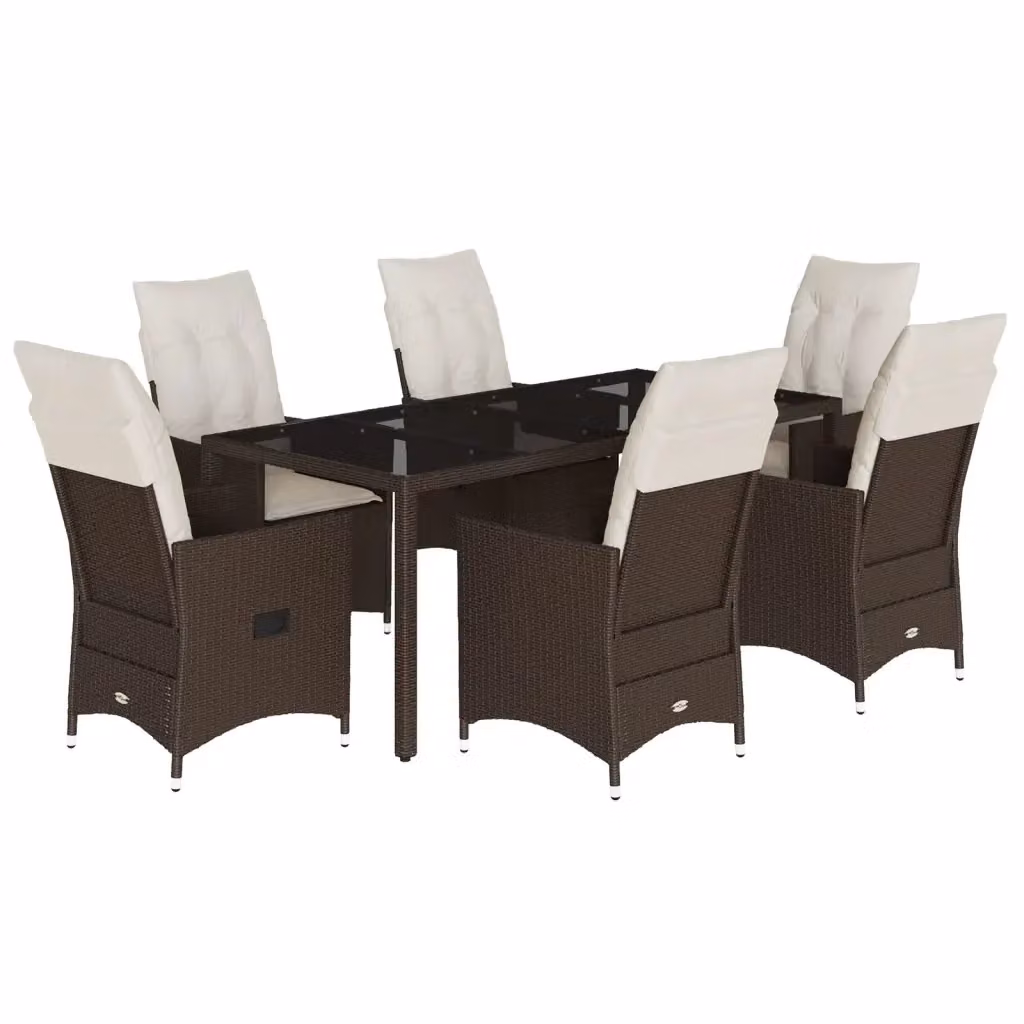 Set da Pranzo da Giardino 7pz vidaXL in Polyrattan Marrone con Cuscini Bianchi e Tavolo in Vetro – 2