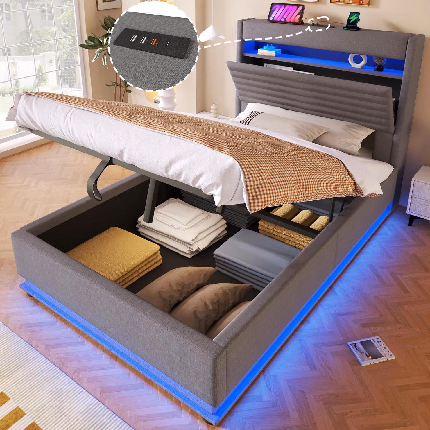 Letto imbottito Merax 90x200 cm, letto per bambini con funzione di ricarica USB tipo C, illuminazione a LED, supporto idraulico, vano portaoggetti ribaltabile, biancheria, grigio