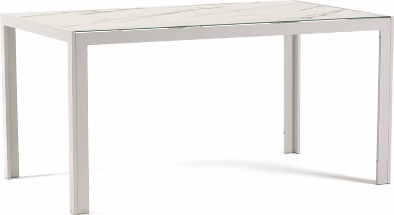 Tavolo rettangolare 150×90 cm con struttura in alluminio verniciato a polvere e piano in vetro decorato, ideale per interni ed esterni - design moderno, resistente e personalizzabile per cucina, sala da pranzo, patio e veranda - MILO - marmo bianco/bianco