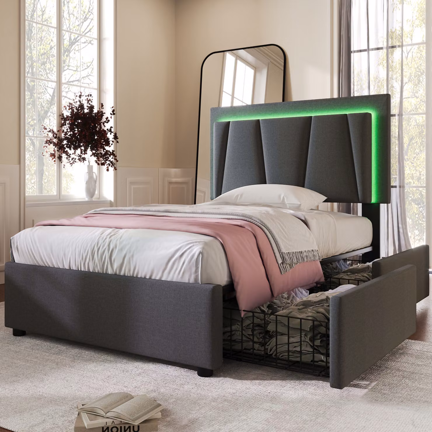 Letto imbottito Sweiko con illuminazione LED e 2 cassetti, letto singolo 90x200cm struttura letto contenitore, garu