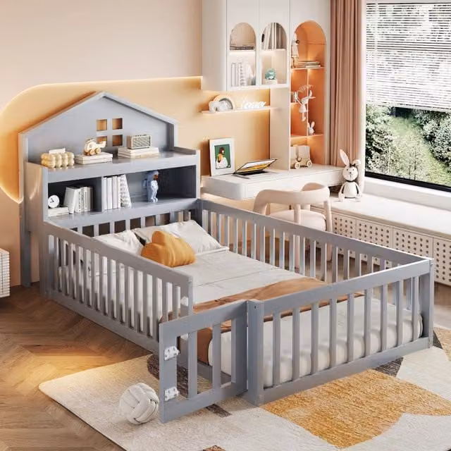 Letto Singolo per Bambini in Legno Massello con Rete a Doghe e Contenitore ¨C MINIMAL ¨C Grigio 90x200