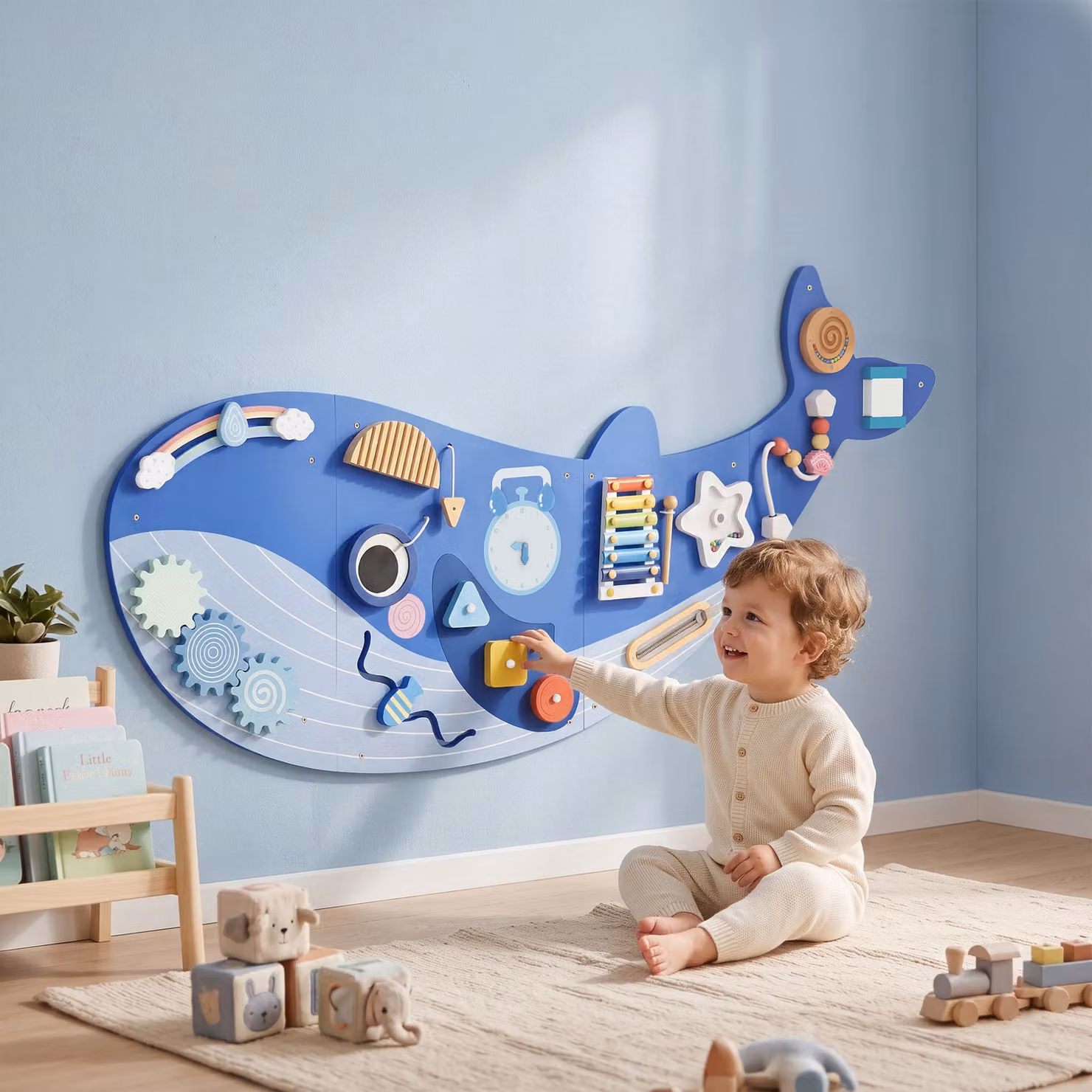 AIYAPLAY Busy Board Montessori in Legno a Tema Balena per Bambini da 2 Anni, Blu – 2