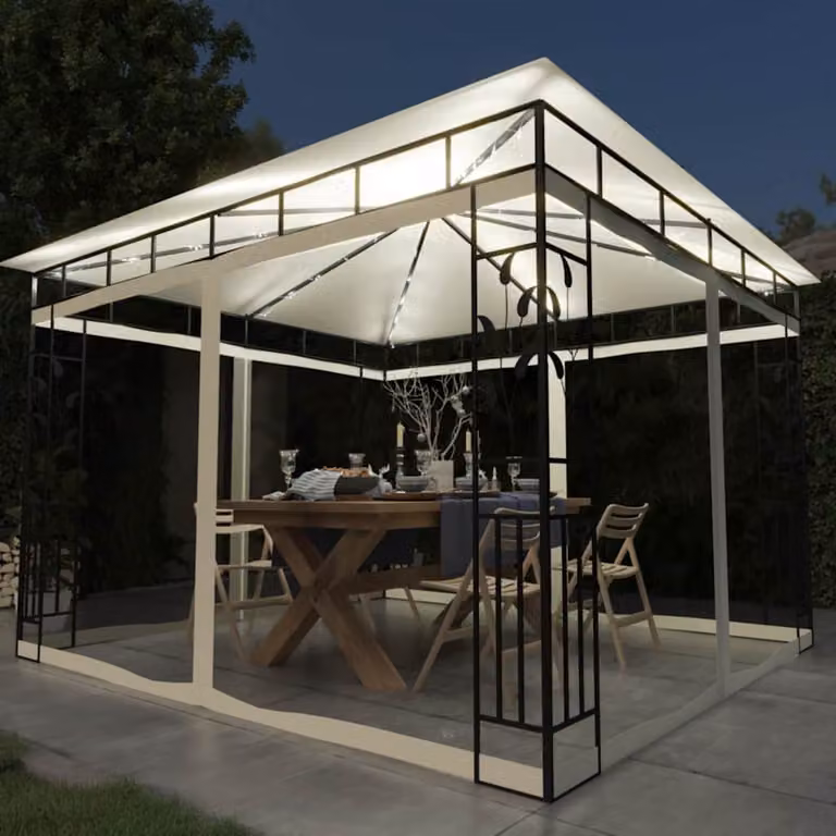vidaXL Gazebo con Zanzariera e Luci LED Beige L: 300 cm, P: 300 cm, H: 273 cm