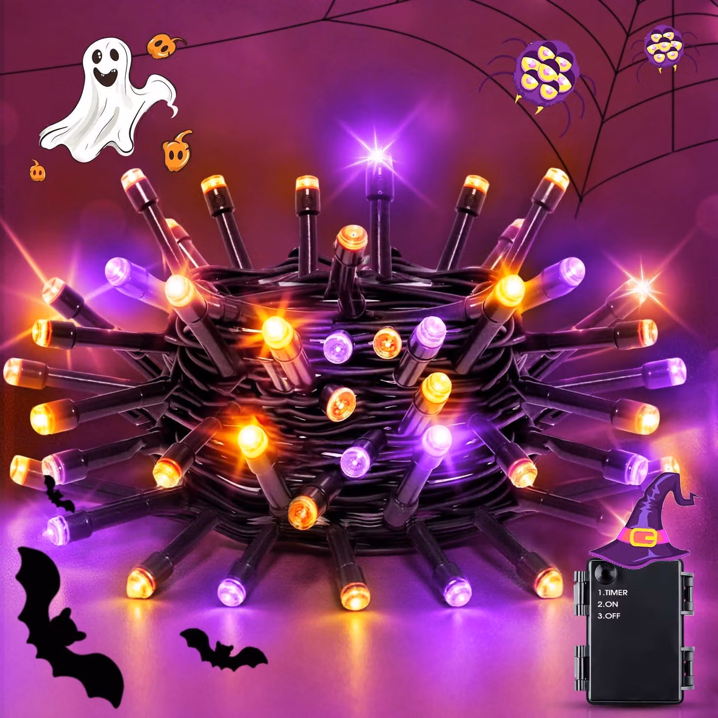 Catena luminosa a tema Halloween, 5 metri, 50 LED, arancione e viola, con timer, grado di protezione IP65
