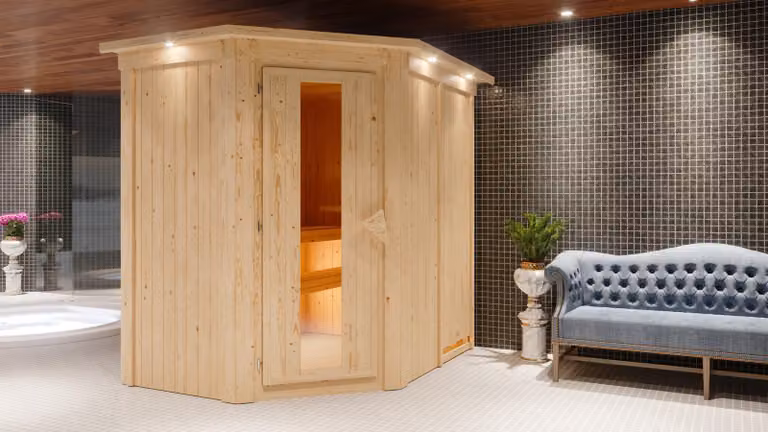 Sauna Carin: senza illuminazione sul tetto. Forno finlandese da 9 kW + centralina Easy Finn. Sauna: isolamento, porta in legno, senza illuminazione sul tetto. Forno: 9 kW, forno finlandese + centralina Easy Finn. Porta della sauna: porta in legno isolata