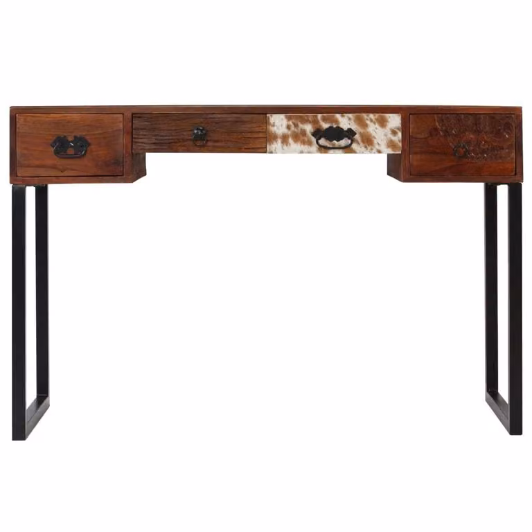 Scrivania Legno Massello di Acacia e Vera Pelle 117x50x76 cm