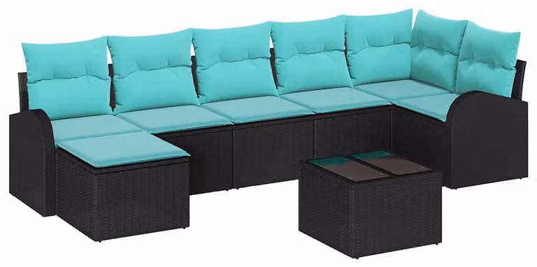 Set di divani da esterno, 8 pezzi, in rattan sintetico nero e turchese
