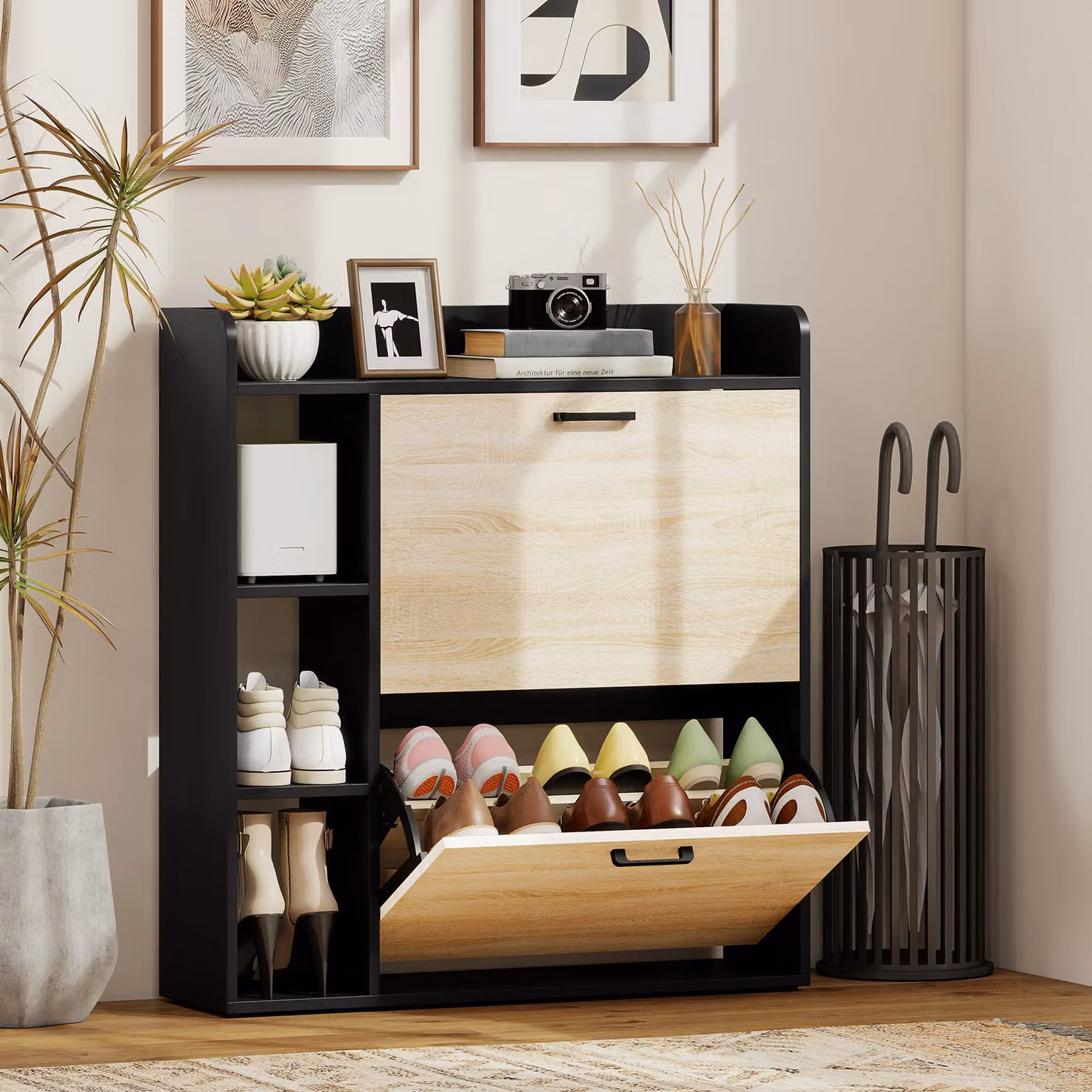 Scarpiera Slim HOMCOM con 2 Cassetti Ribaltabili e 3 Vani Aperti, Capacità 15 Scarpe, L/P/H: 83 x 24 x 90.5 cm, Nero – 2